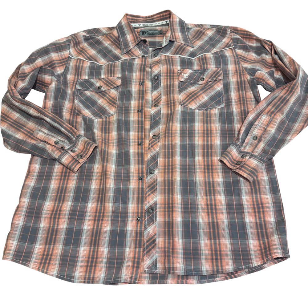 Cowboy Hardware Mens Orange Grey Plaid Pearl Snap Western Shirt Large 100% Ctn